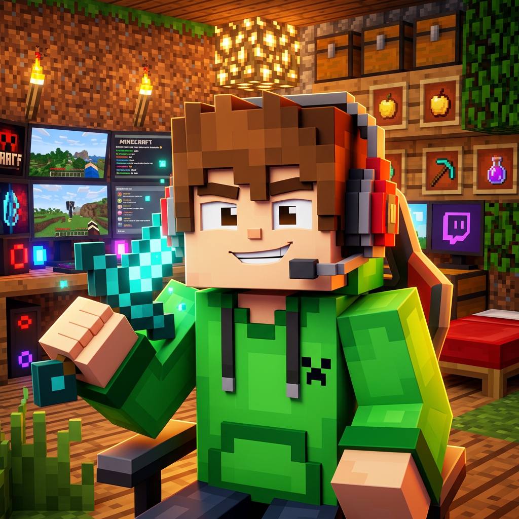 Mosway blocky gamer avatar — green hoodie hero with red headphones holding a diamond sword
